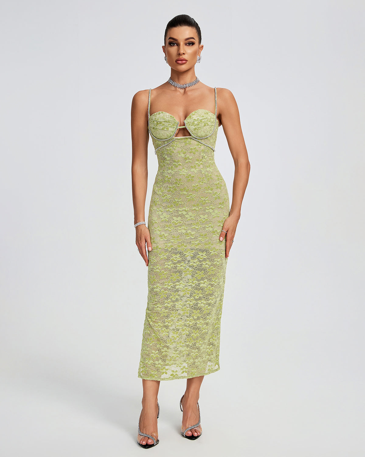 Lace Floral Crystal Chain Bustier Midi Dress