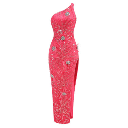 One Shoulder Sleeveless Sequins Maxi Dress KLYB015