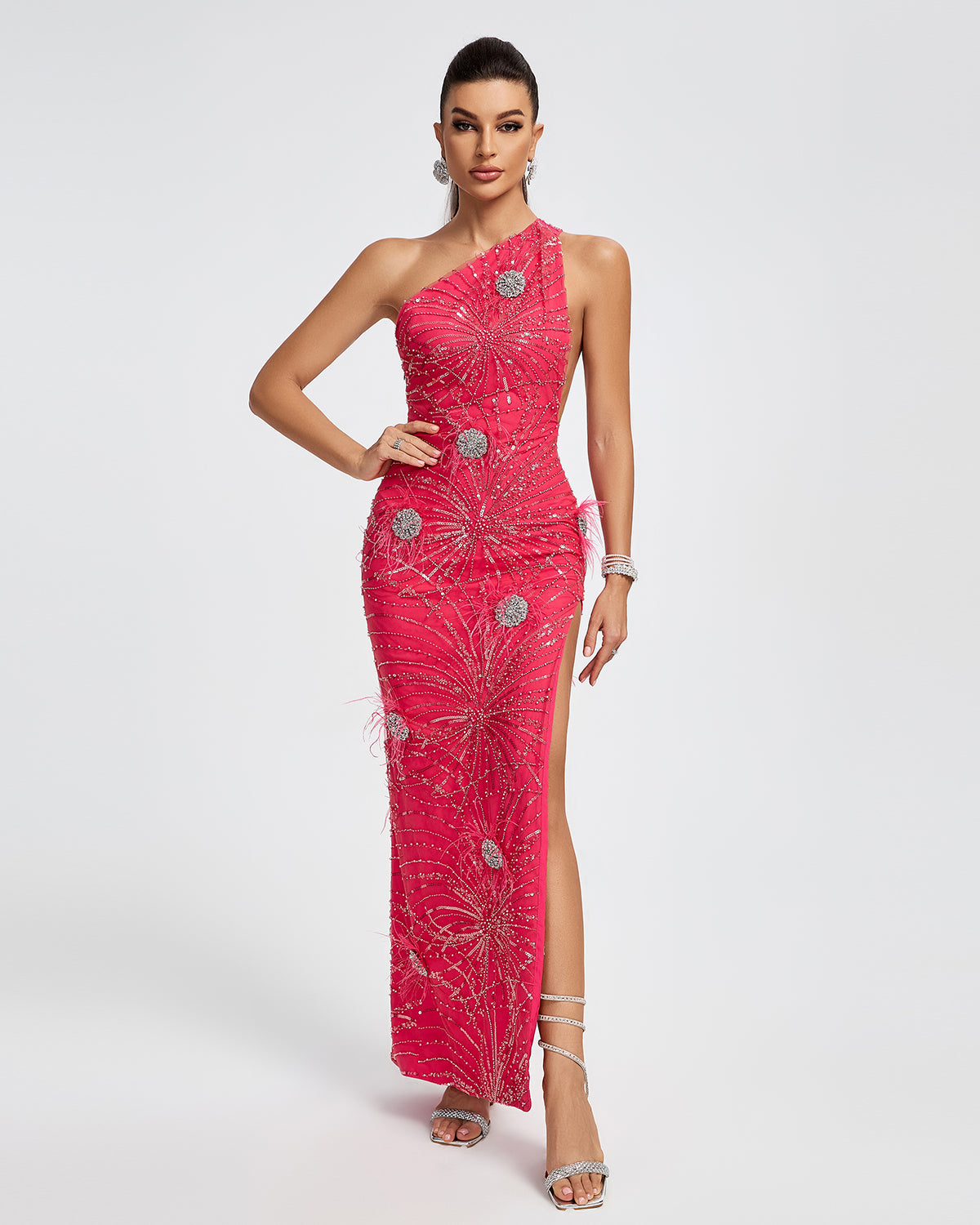 Crystal Embellished Sequin High Split Gown