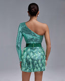 One Shoulder Sequins&Feather Cocktail Dress