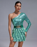 One Shoulder Sequins&Feather Cocktail Dress