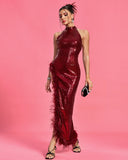 Sequin Feather Trim Backless Dress