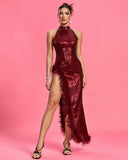 Sequin Feather Trim Backless Dress