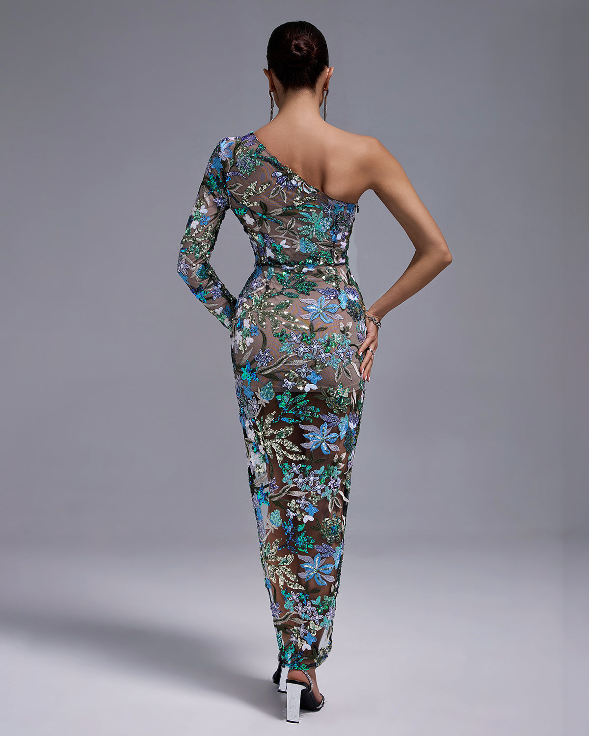 One Shoulder Tokyo Sequins Floral Dress