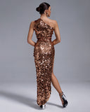 One Shoulder Gold Sequins Gown