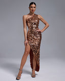 One Shoulder Gold Sequins Gown