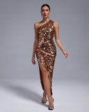 One Shoulder Gold Sequins Gown