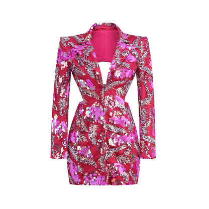 V Neck Long Sleeve Sequins Mini Dress KLYF1085