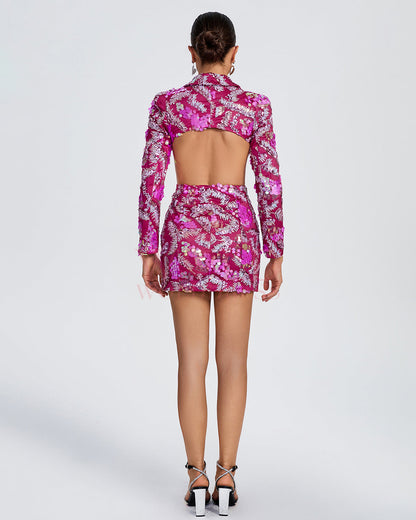 Deep V Empire Waist Sequin Blazer Dress