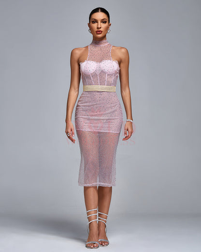 High Neck Gypsophila Crystal Gown With Braided Belt