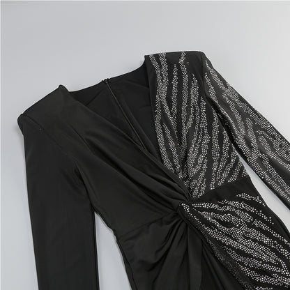 V Neck Long Sleeve Rhinestone Jumpsuit KLYF1105