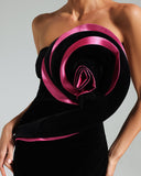 Strapless Velvet Flower Slit Maxi Dress