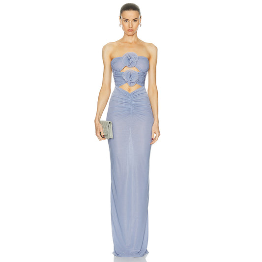 Blue Rose Strapless Ruched Maxi Silk Dress