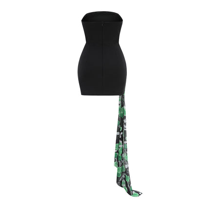 Black Green Rose Print Sleeveless Mini Dress