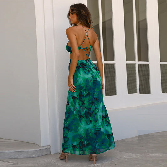 Green Flower Print Backless Strappy Beach Dress
