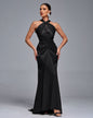 Halterneck Satin Braided Draped Evening Gown