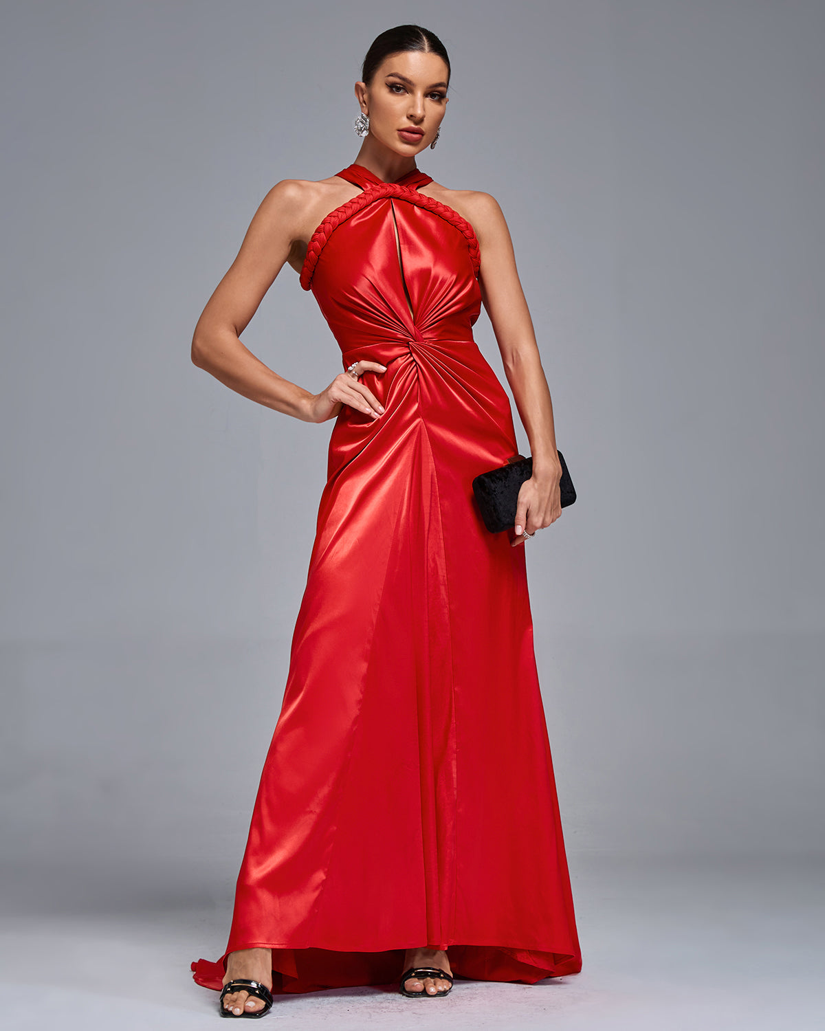 Halterneck Satin Braided Draped Evening Gown
