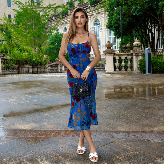 Blue Printed Floral Strappy Midi Dress