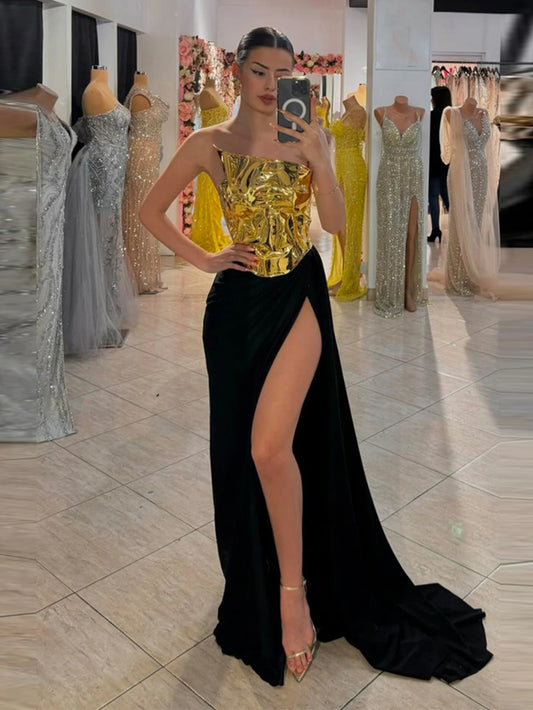 Black Gold Strapless Long Corset Dress High Split