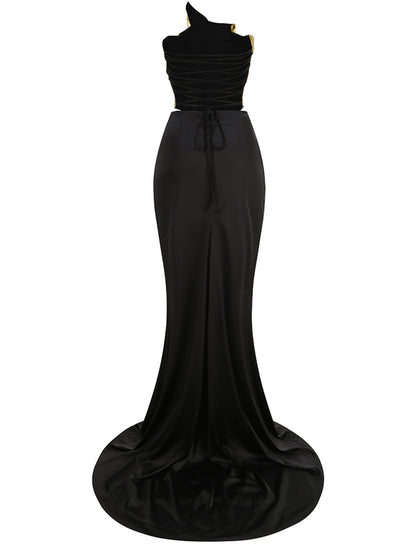 Black Gold Strapless Long Corset Dress High Split