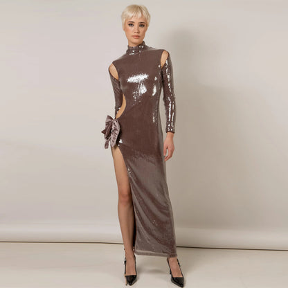 Light Brown Bow Detail Sequins Maxi Dress