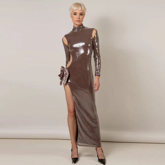 Light Brown Bow Detail Sequins Maxi Dress