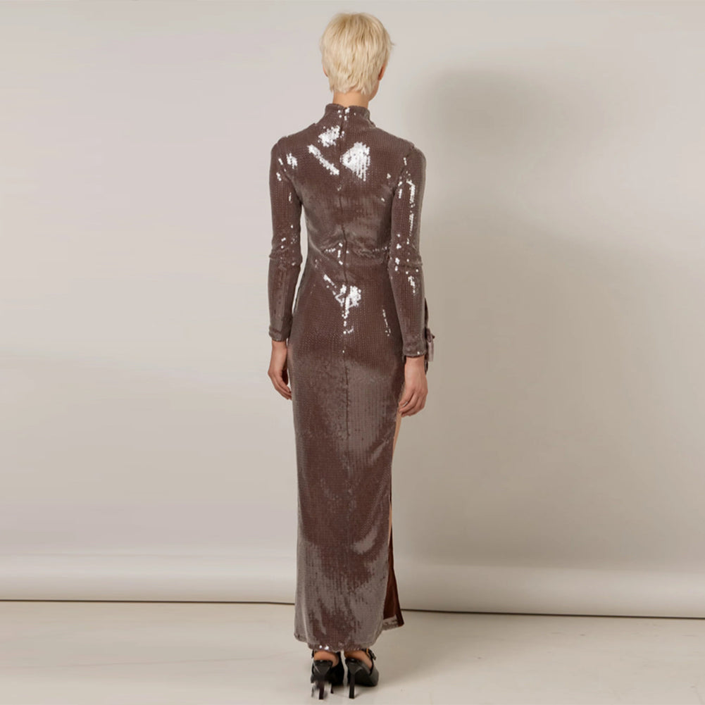 High Neck Long Sleeve Carved Maxi Dress KLYF1270