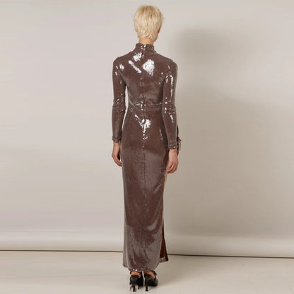High Neck Long Sleeve Carved Maxi Dress KLYF1270