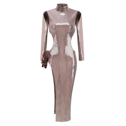 High Neck Long Sleeve Carved Maxi Dress KLYF1270