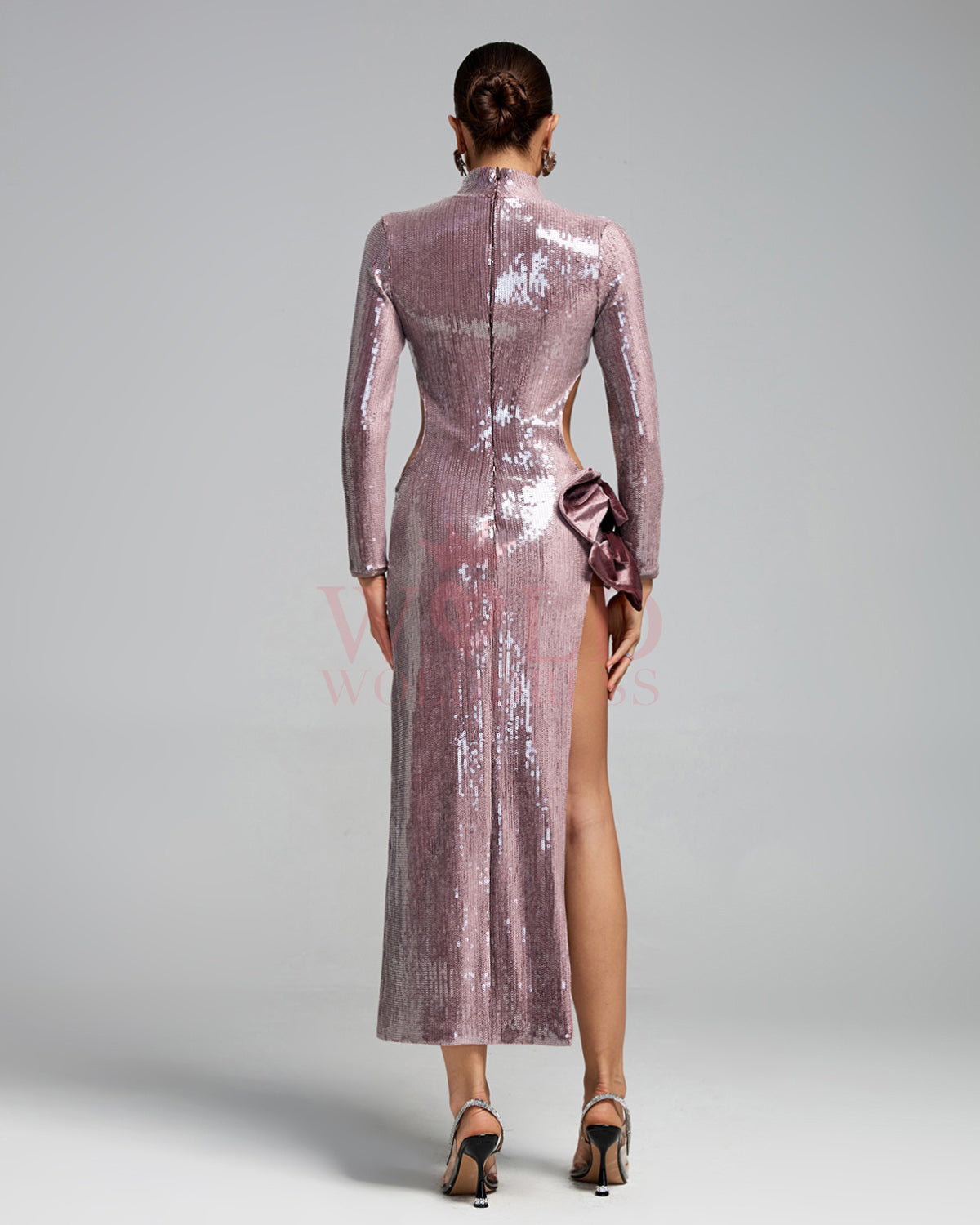 Bow-Detail Cutout Sequins Evening Gown