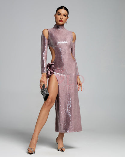 Bow-Detail Cutout Sequins Evening Gown