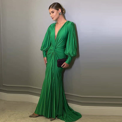 Green Bouffant Sleeve Low Cut Pleated Dress