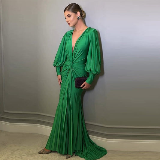 Green Bouffant Sleeve Low Cut Pleated Dress