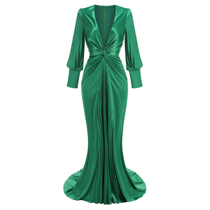 Green Bouffant Sleeve Low Cut Pleated Dress