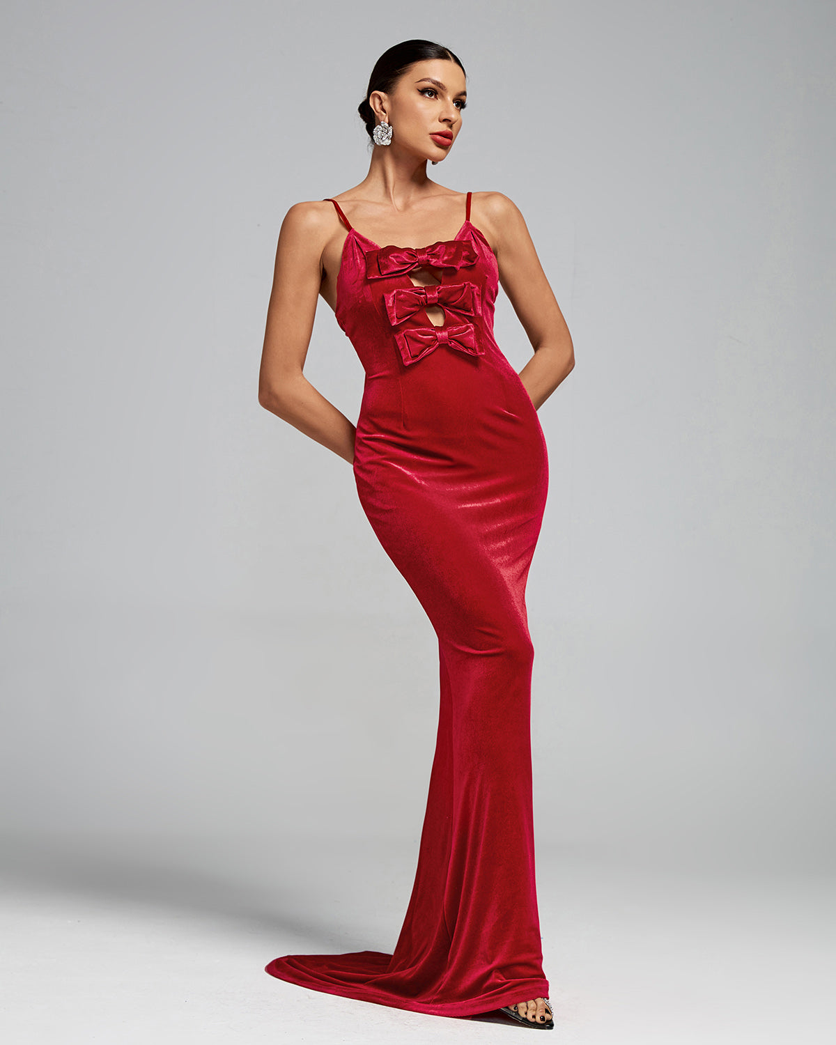 Velvet Bows Open Back Evening Gown