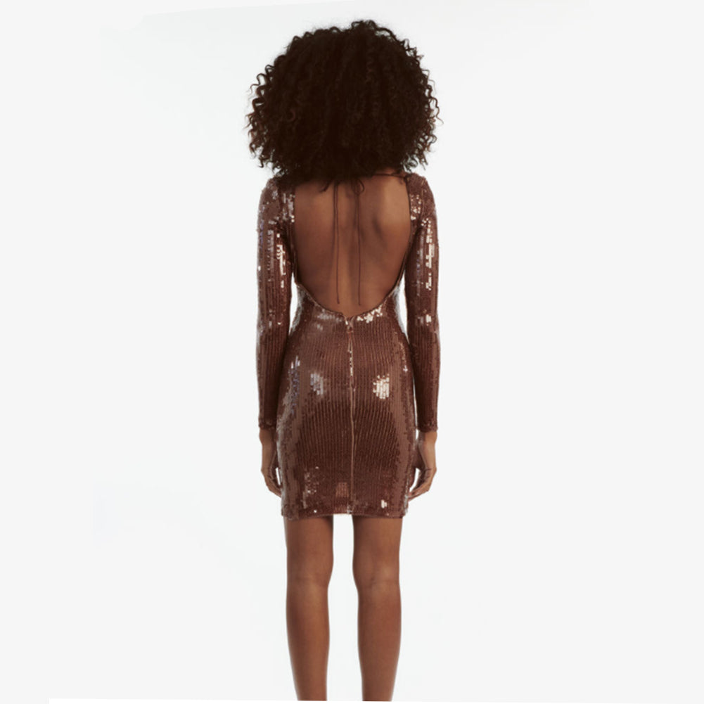 Long Sleeve open Neckline Sequins Mini Dress KLYF1290