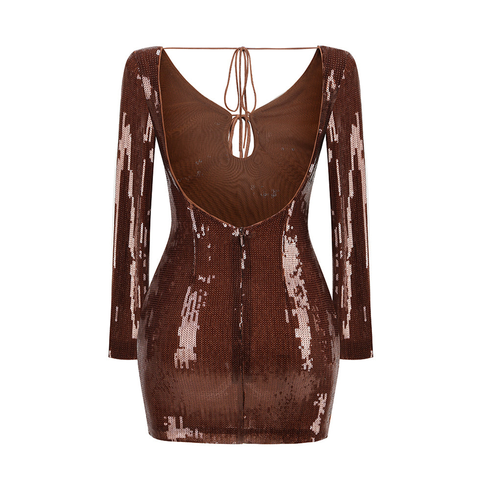 Long Sleeve open Neckline Sequins Mini Dress KLYF1290