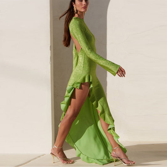 Green Long Sleeve Ruffle Trim Plain Dress