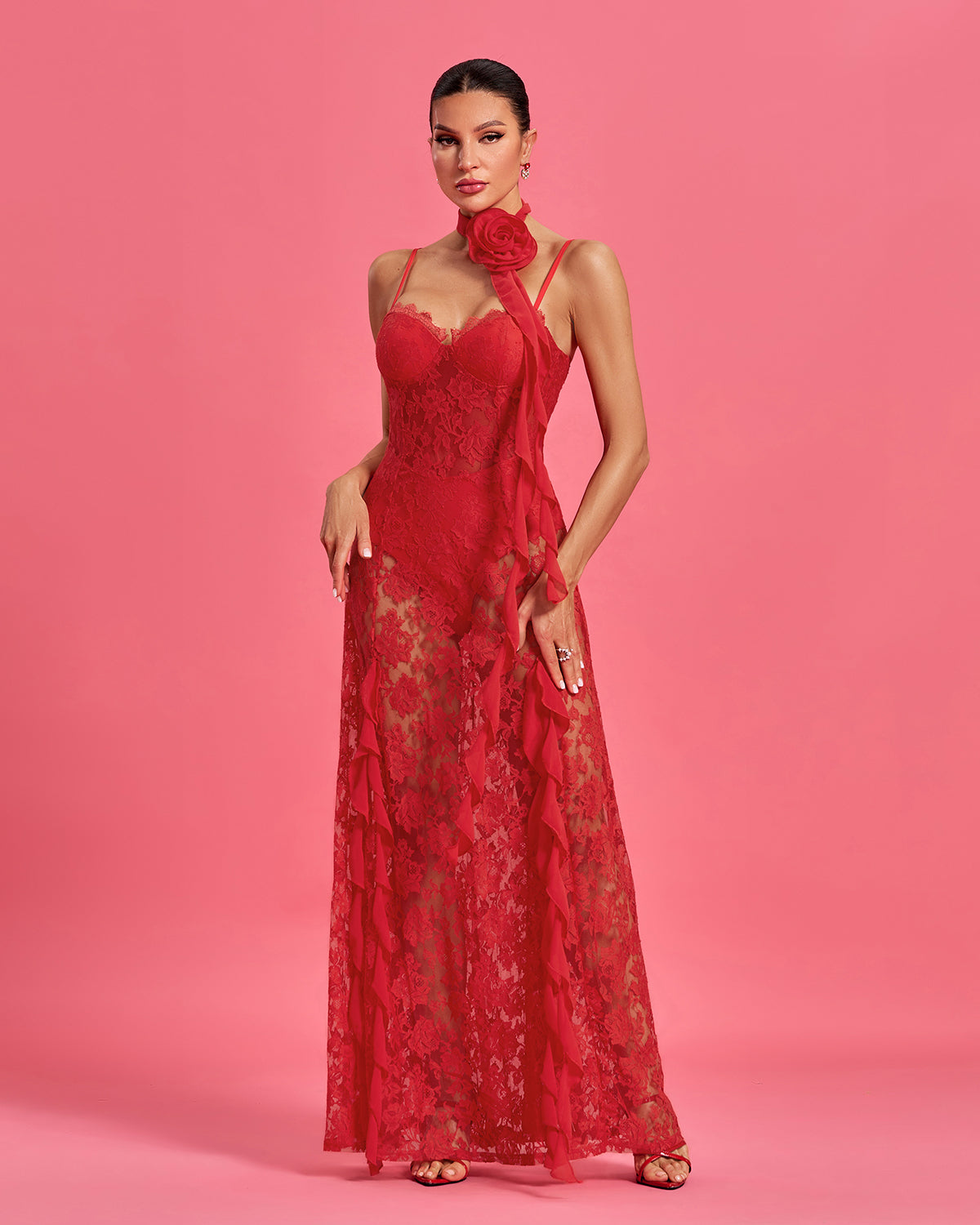 Rosette Neckline Detail Lace Maxi Dress