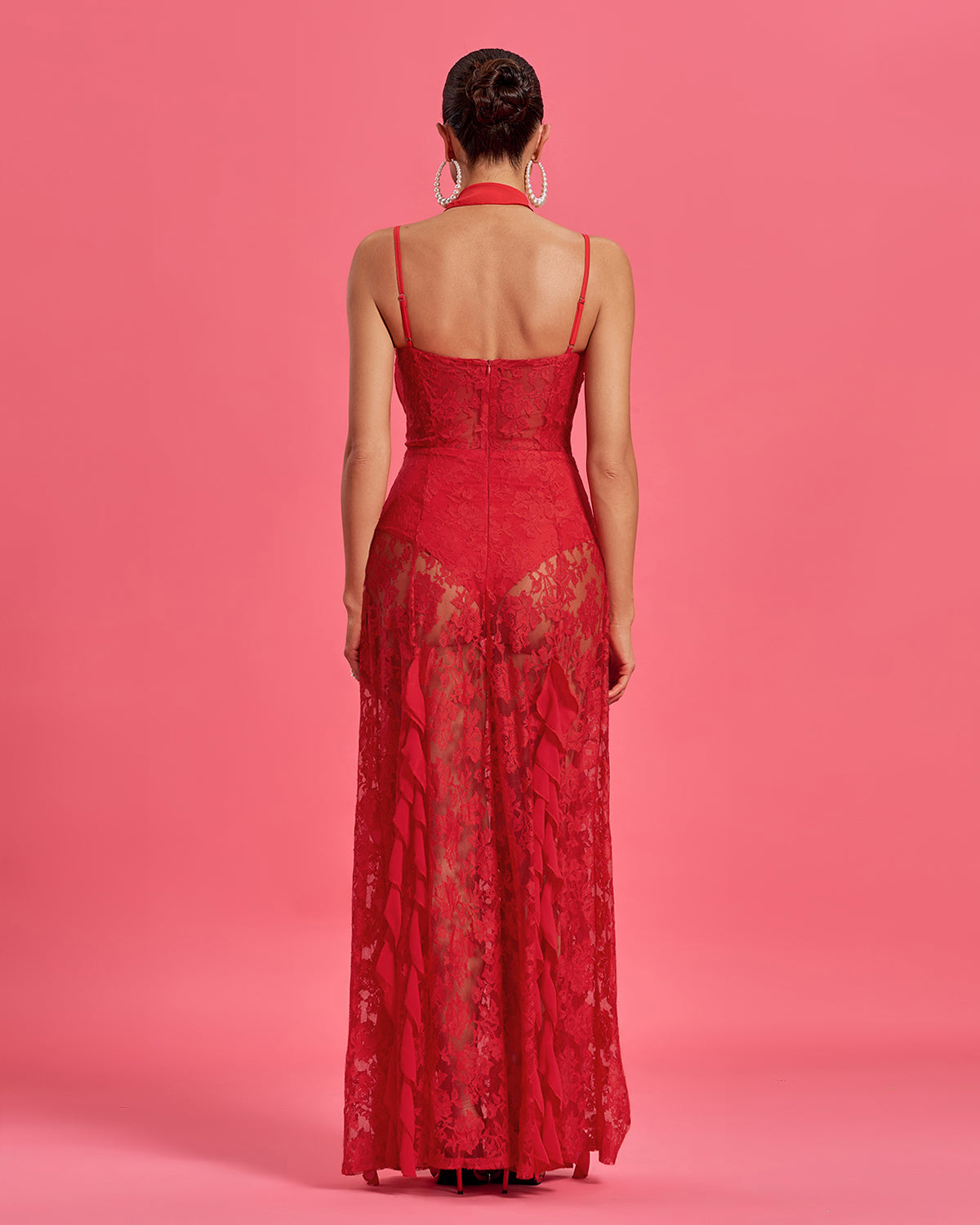 Rosette Neckline Detail Lace Maxi Dress