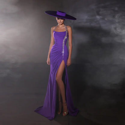 Purple Halter Ruched High Slit Dress