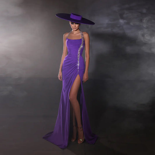 Purple Halter Ruched High Slit Dress