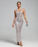 Halter Silver Sequins Mesh Backless Maxi Dress