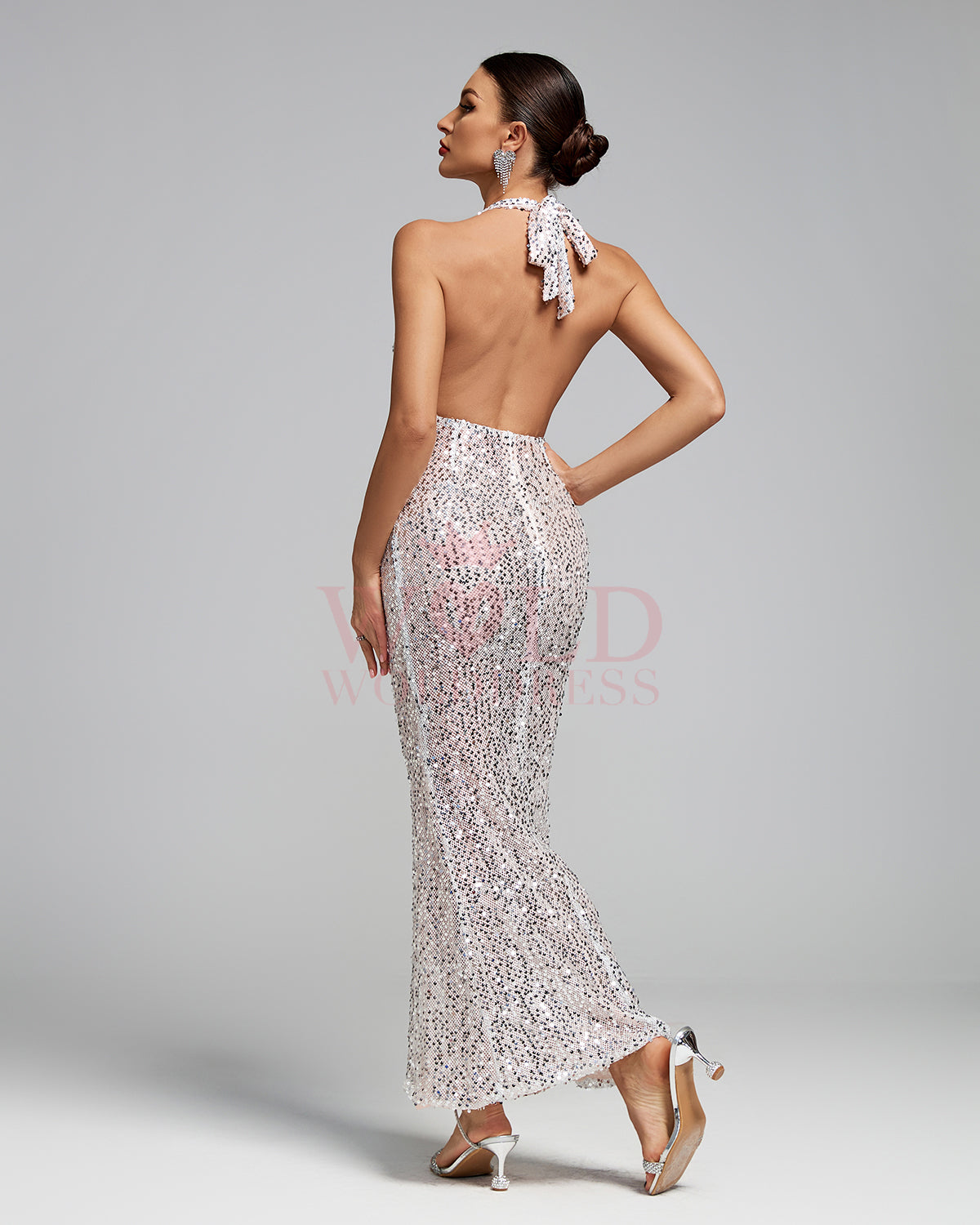 Halter Silver Sequins Mesh Backless Maxi Dress