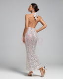 Halter Silver Sequins Mesh Backless Maxi Dress