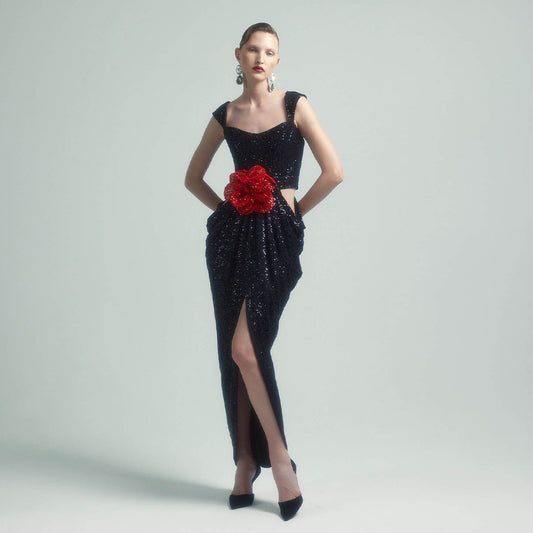Red Rose Frill Maxi Dress 