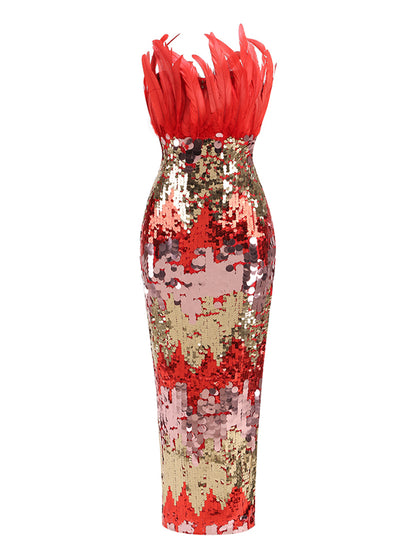 Colorful Sequined Feather Maxi Dress KLYF1331