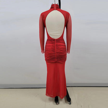 High Neck Long Sleeve Ruched Maxi Dress KLYF1338