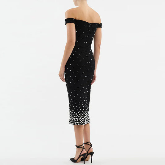 Off Shoulder Black Midi Dress