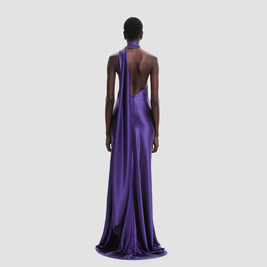 Purple Halter Flower Neck Maxi Dress